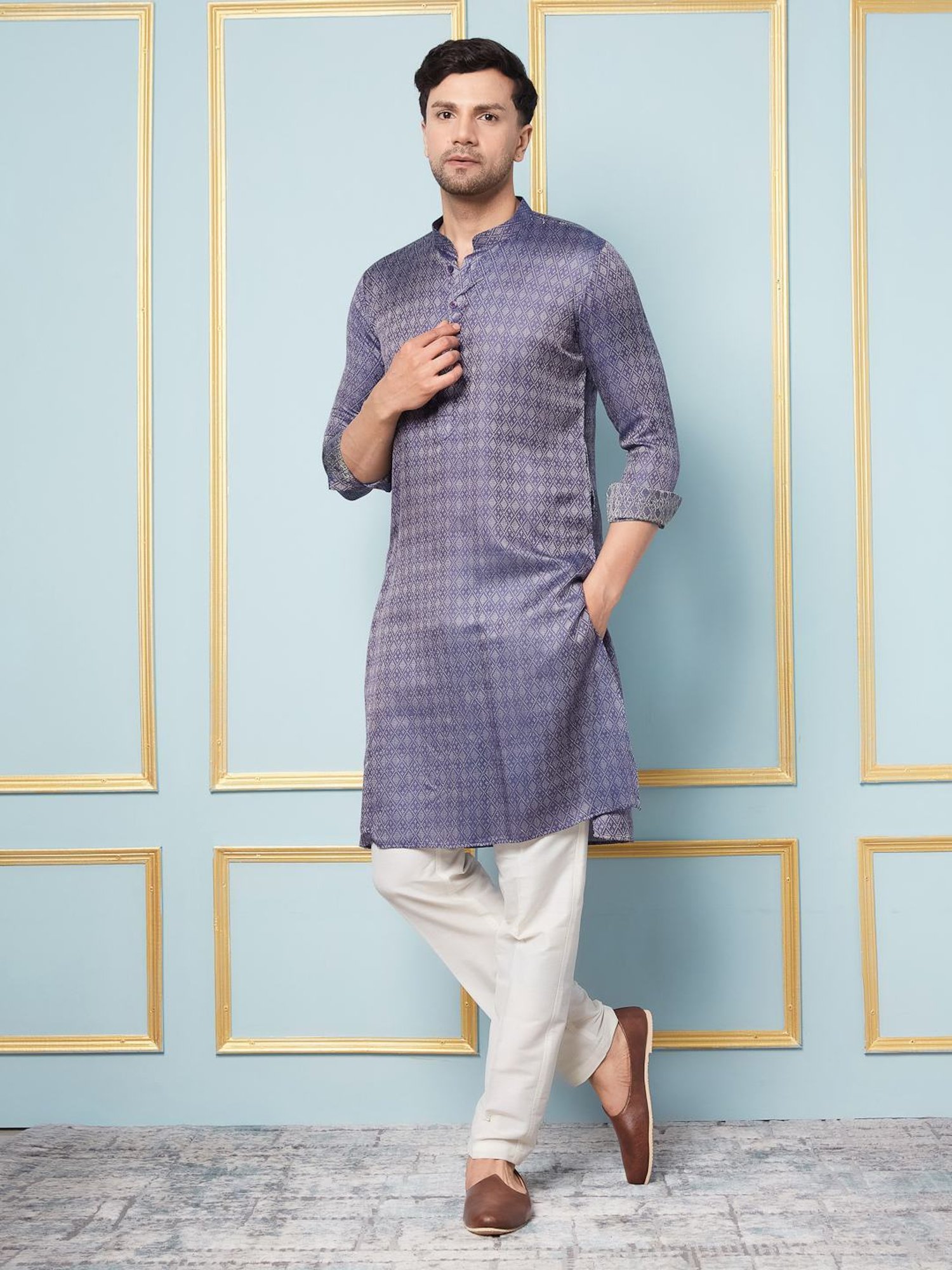 See Designs Navy Blue & White Regular Fit Self Pattern Kurta Bottom Set