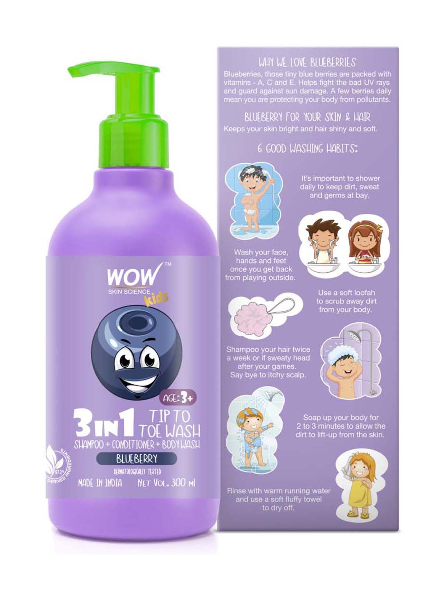 Wow Skin Science Kids 3 in 1 Tip to Toe Wash (Blueberry) - 300 ml