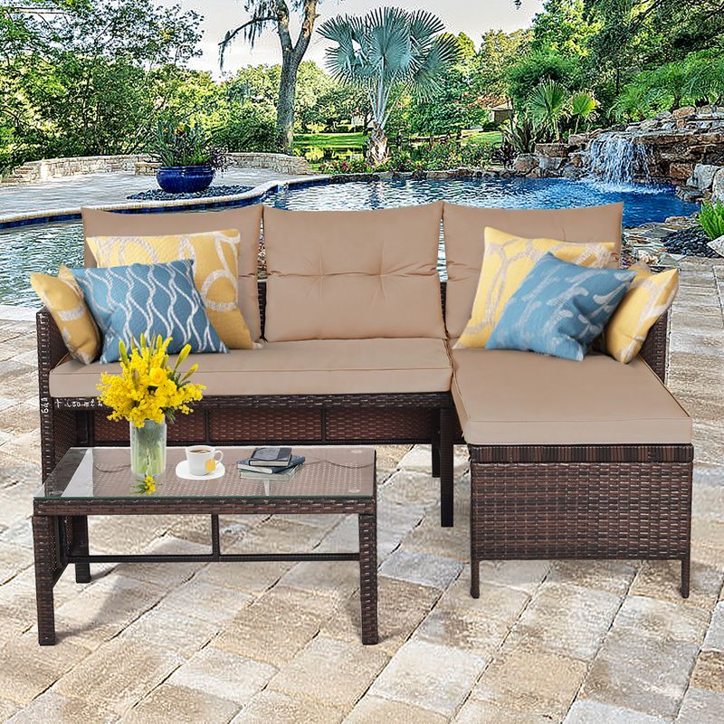 Costway 3PCS Patio Wicker Rattan Sofa Set Outdoor Sectional Conversation Set Garden Lawn