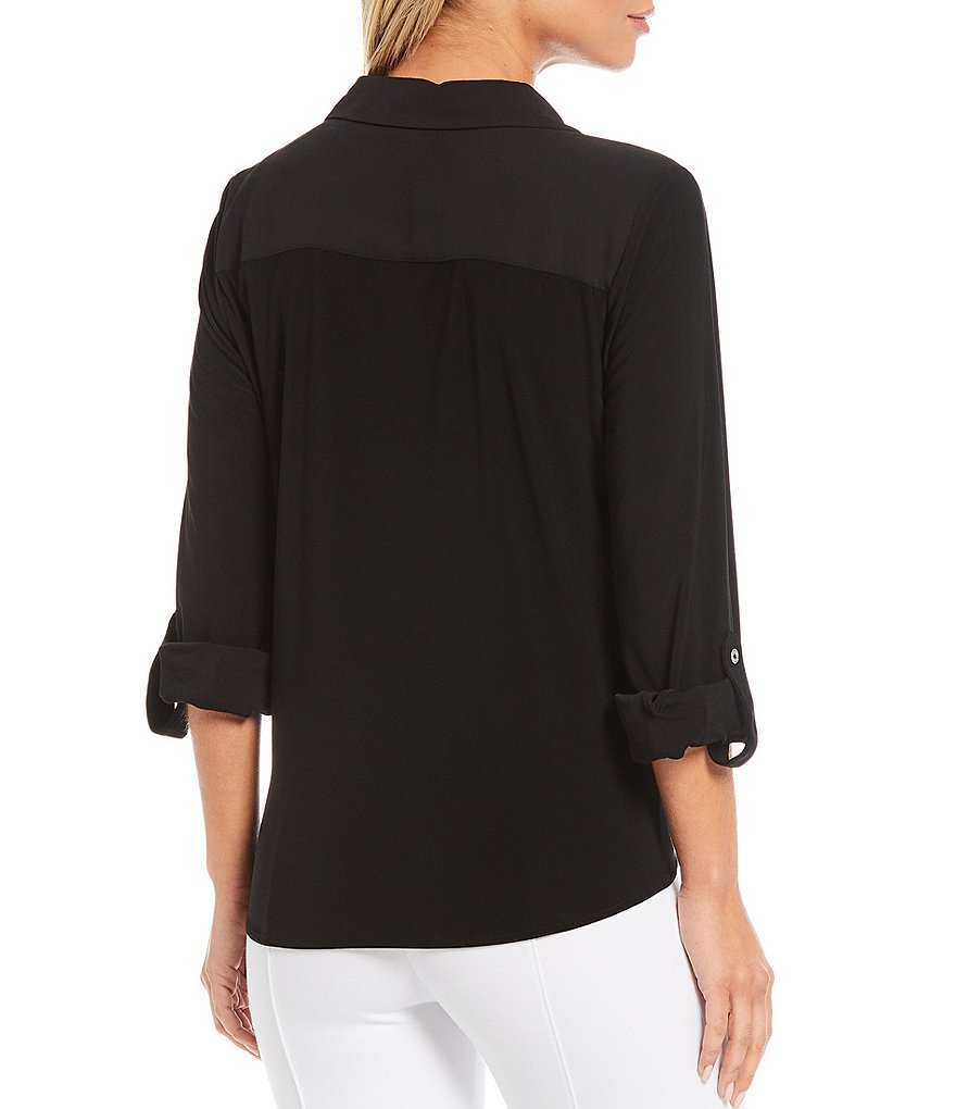 Slim Factor by Investments Hannah Point Collar Neck Roll-Tab 3/4 Sleeve Button Down Tie-Front Top