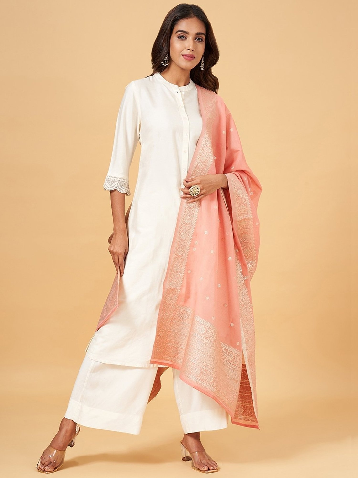 Rangmanch by Pantaloons Peach Woven Pattern Dupatta