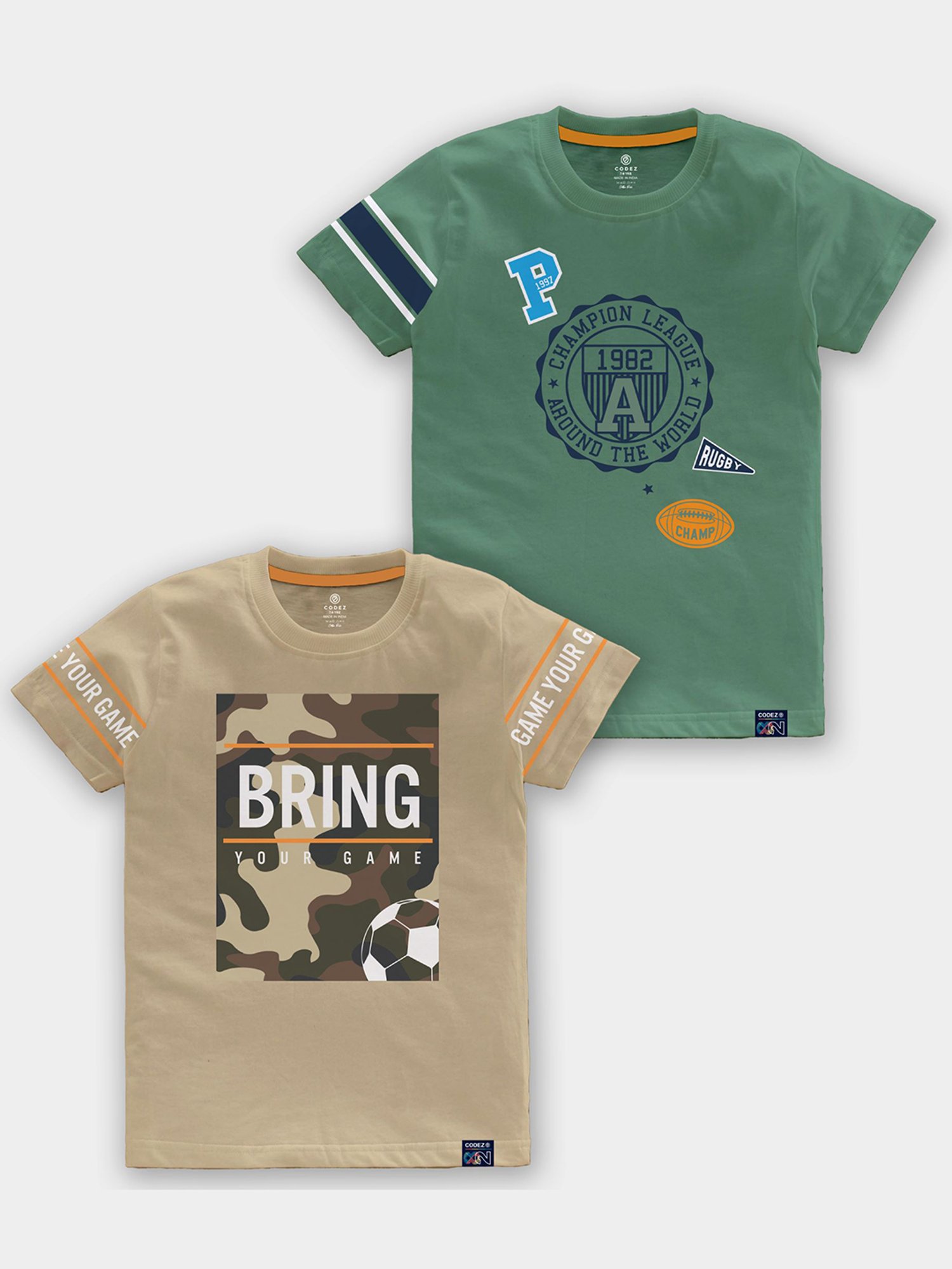 Codez Kids Beige & Olive Printed T-Shirt (Pack Of 2)