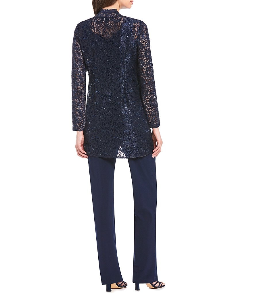 R & M Richards 3-Piece Sequin Glitter Scallop Lace Duster Pant Set