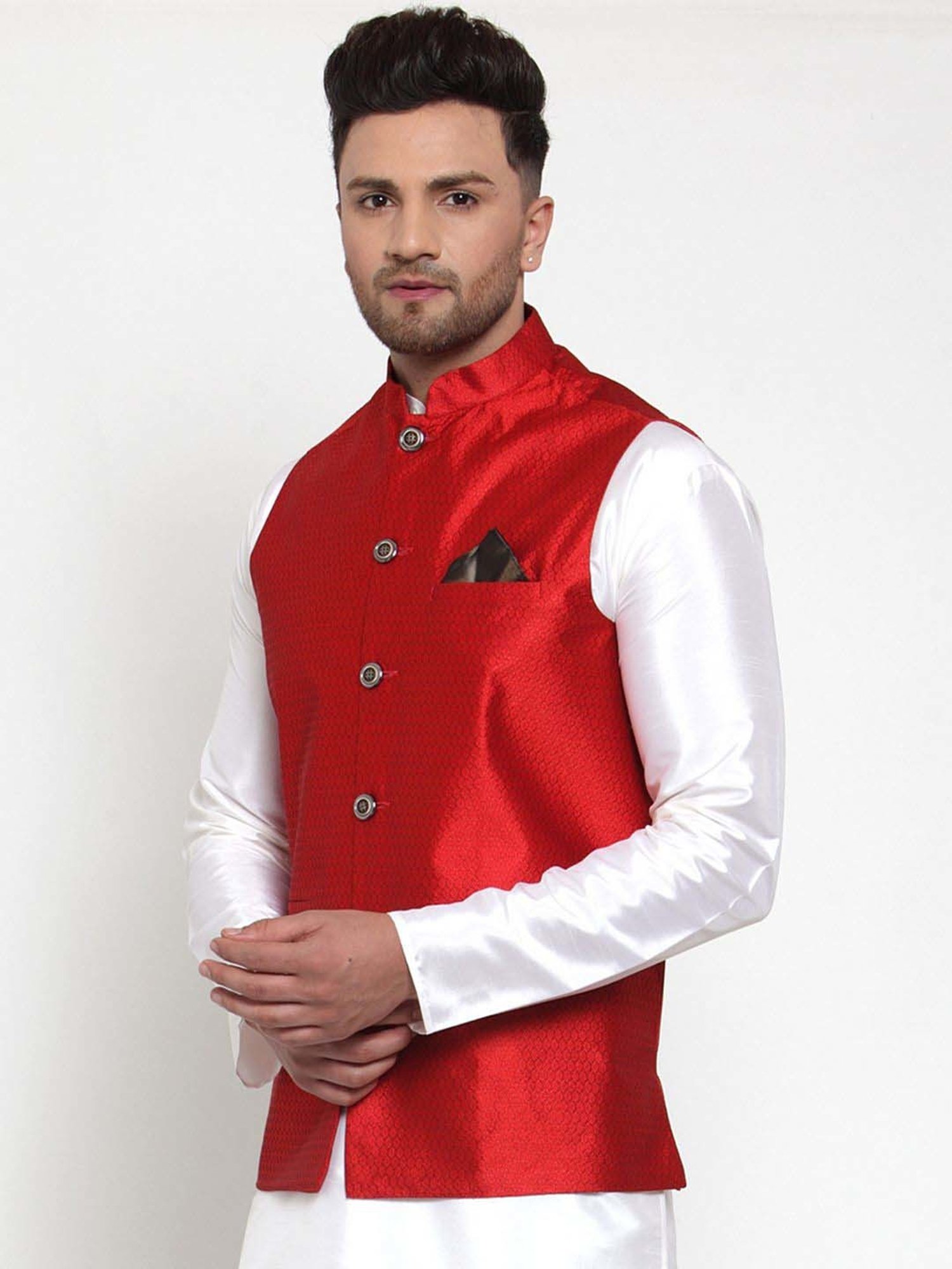 Jompers Maroon Regular Fit Printed Nehru Jacket
