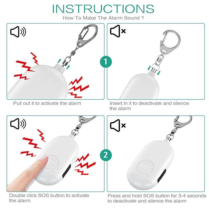 Safe Sound Personal Alarm, Personal Security Alarm Keychain, 130dB Emergency Alarm with LED Light, Supports USB Charging for Women, Children, Elderly, White, 2-Pack