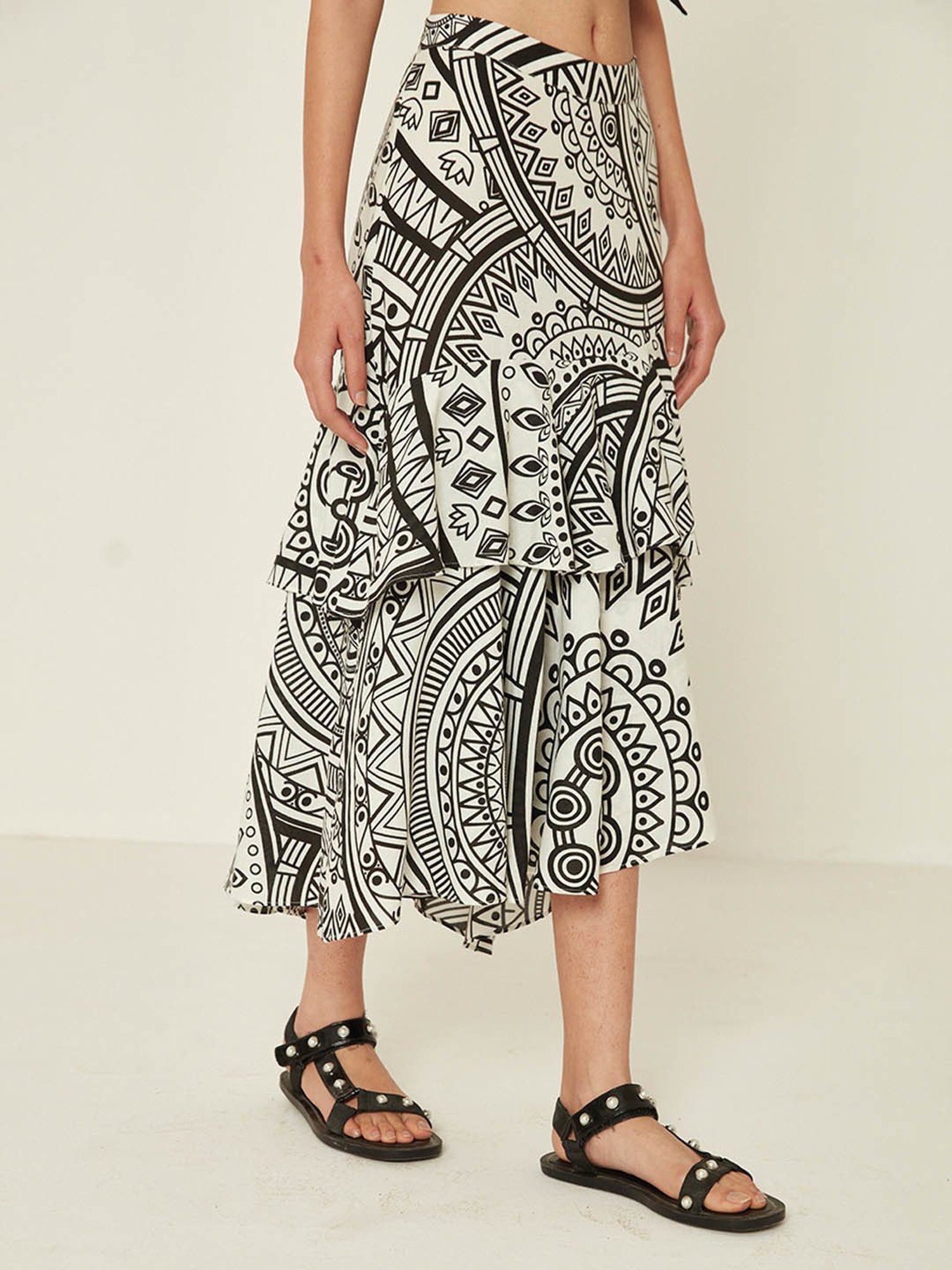 ANCESTRY Off White Printed High Low Midi Skirt