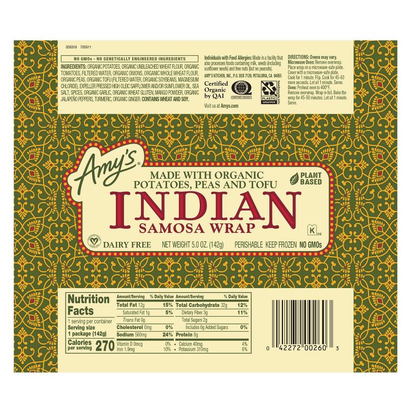 Amy's Organic Potatoes, Peas & Tofu Frozen Indian Samosa Wrap - 5oz
