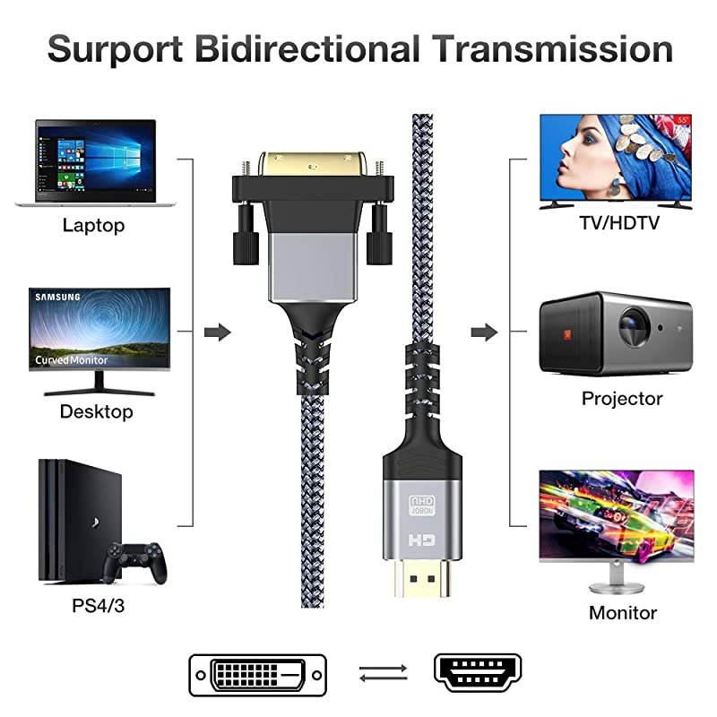 to DVI Cable 3 Feet BiDirectional Nylon Braid Support 1080P Full DVID Male to Male High Speed Adapter Cable Gold Plated for PS4 PS3 Male A to DVID