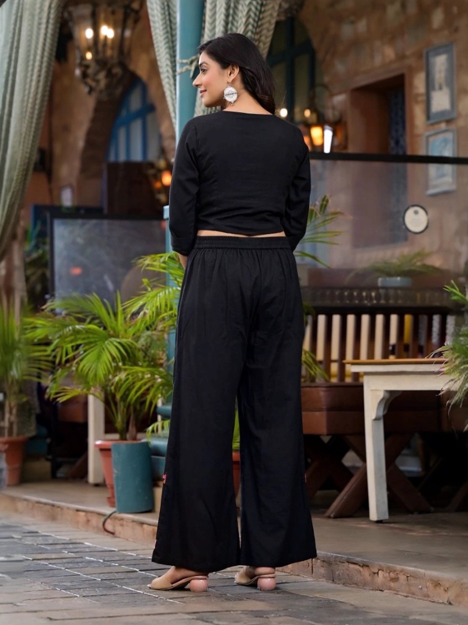 Juniper Black Cotton Embroidered Top Palazzo