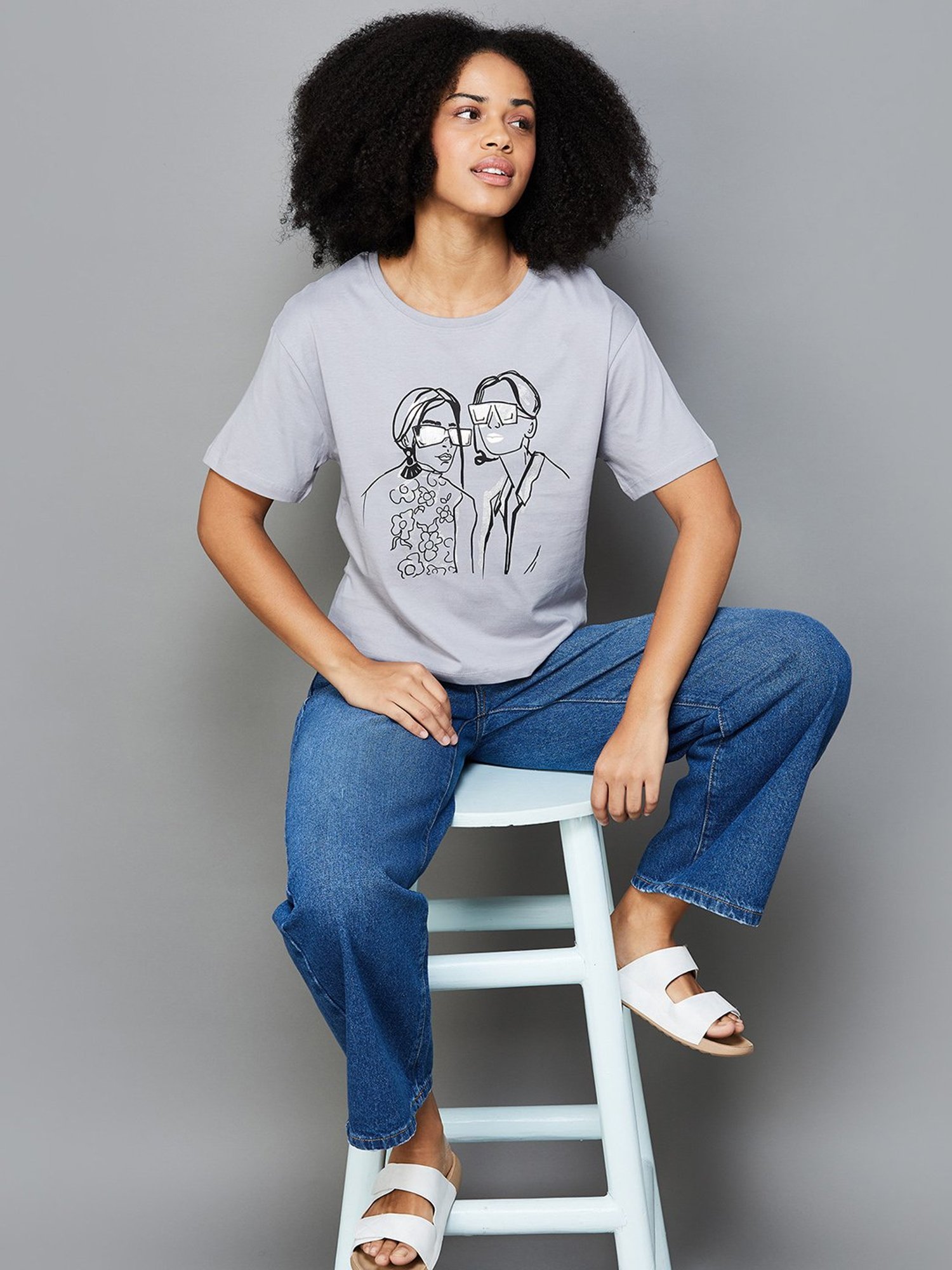 Fame Forever by Lifestyle Light Grey & Black Cotton Printed T-Shirt