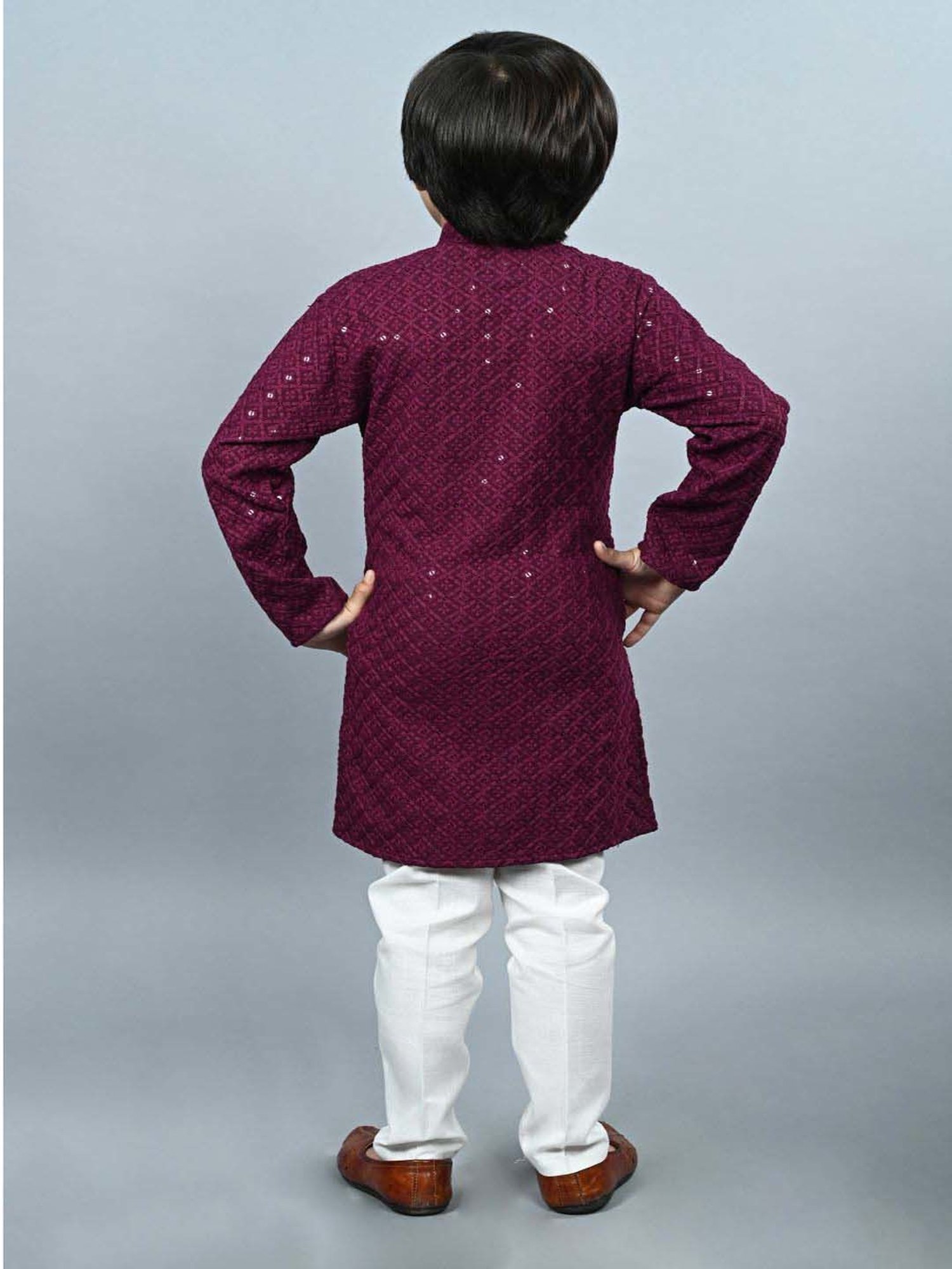 Ahhaaaa Kids Purple & White Cotton Embroidered Full Sleeves Kurta Set