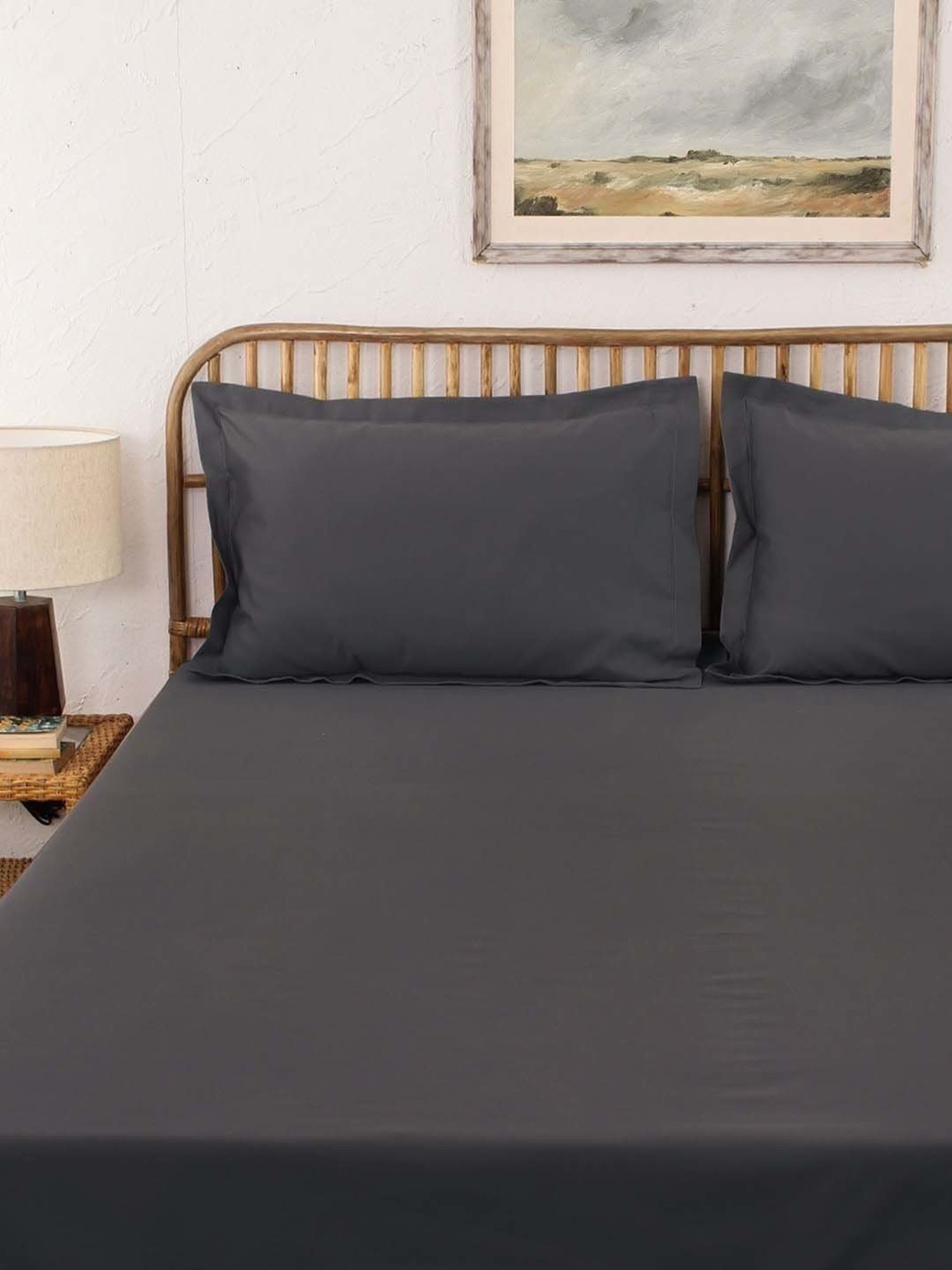 House This Pepper Grey Cotton 600 TC Double Size Bedsheet With Pillow Covers