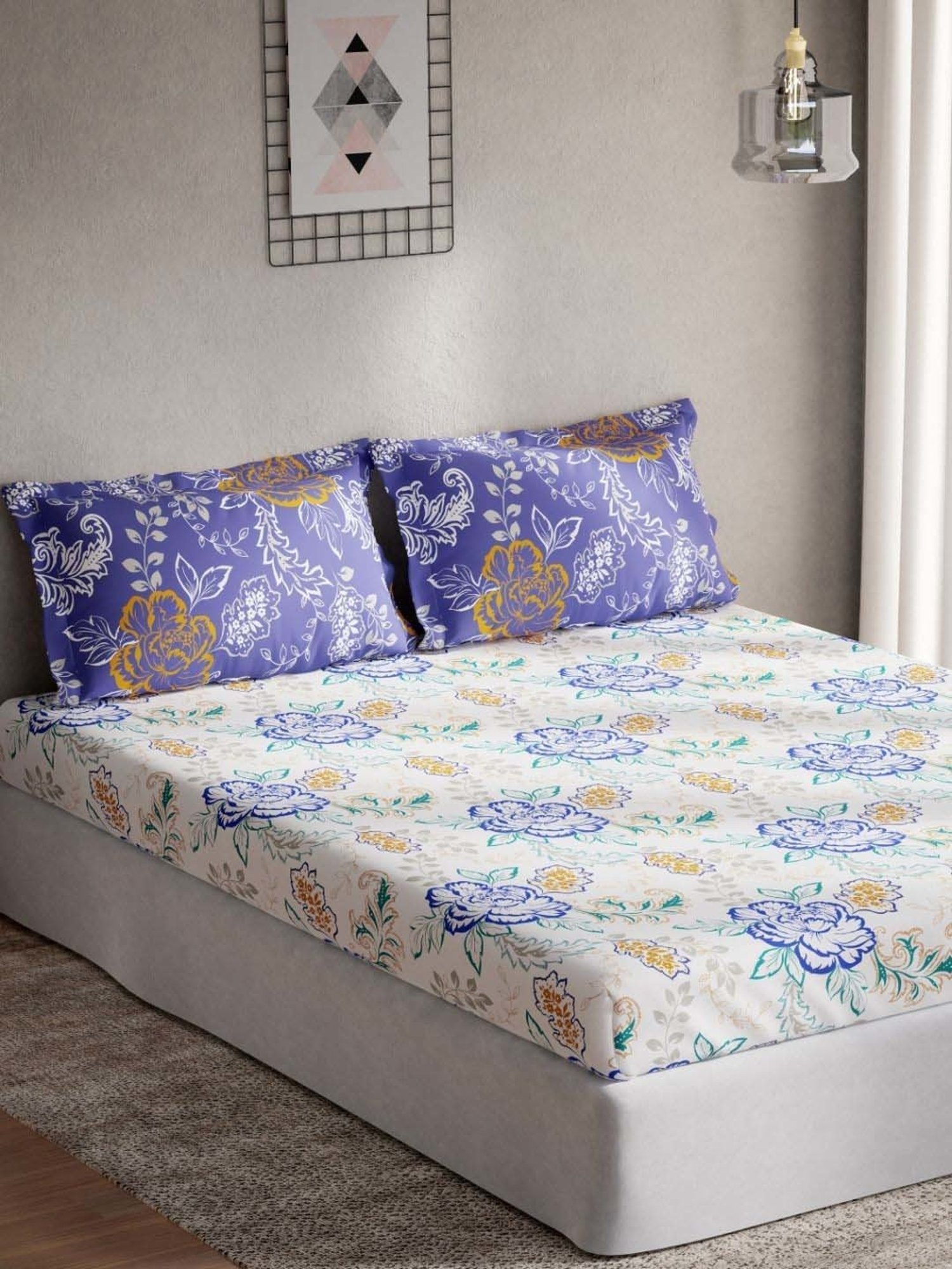 DDecor Lyra Floral Blue Cotton 144 TC Double Bedsheet With 2 Pillow Covers