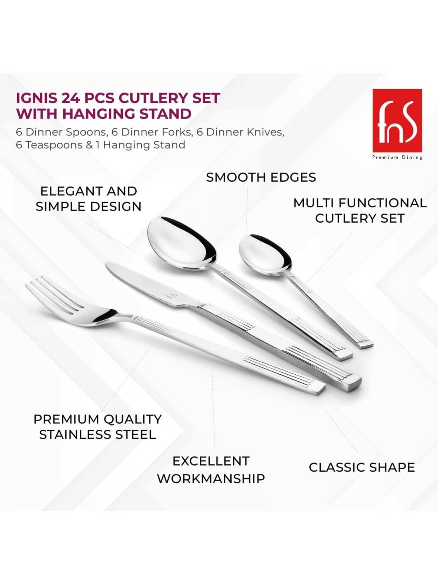 FnS Ignis Silver Stainless Steel Cutlery - Set of 24