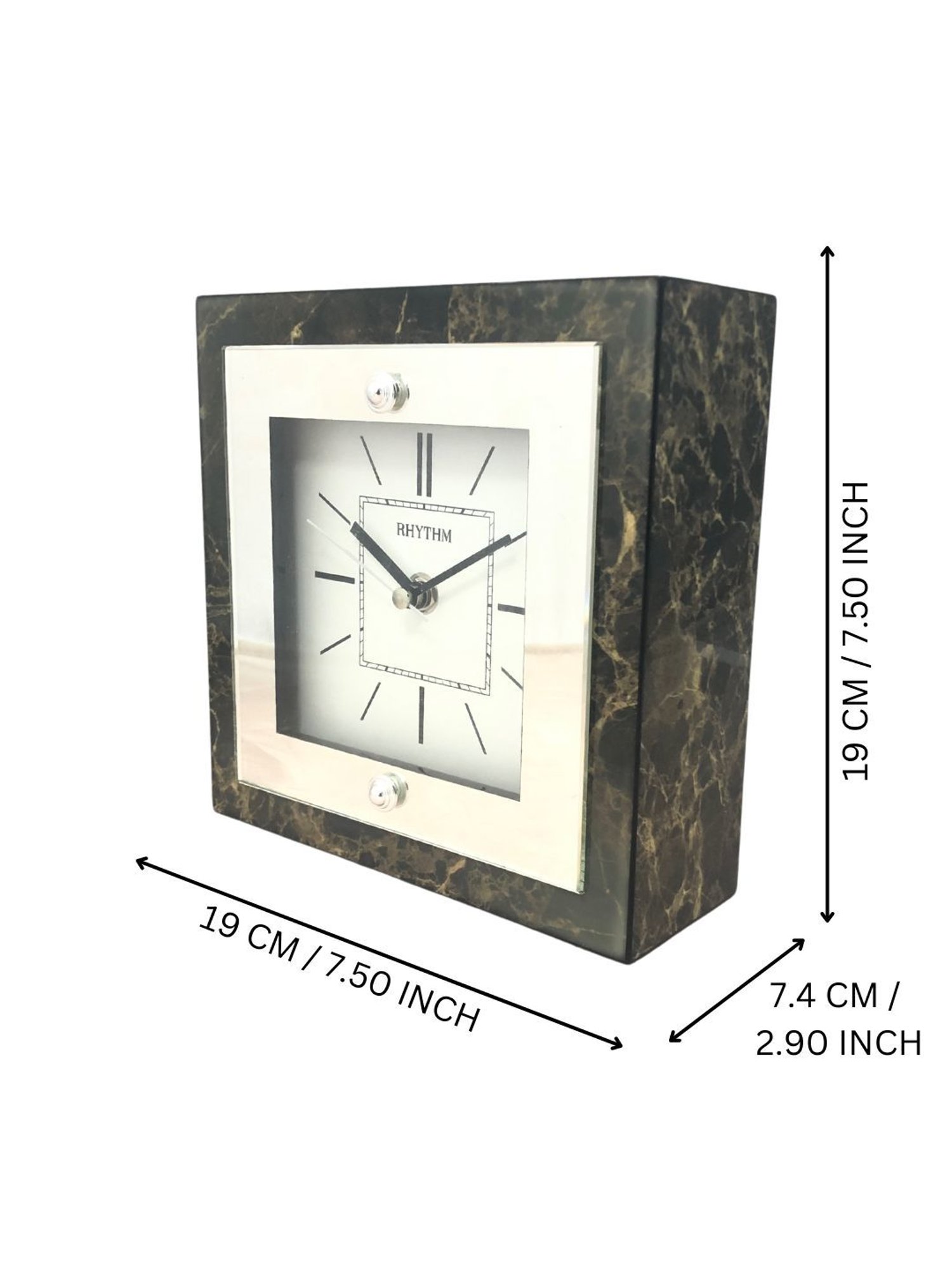 RHYTHM Elegant Square Black & Gold Wood Table Clock