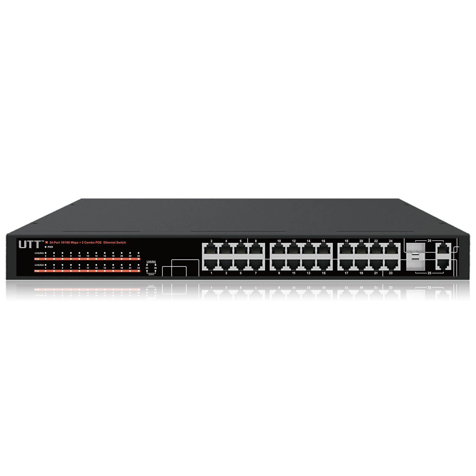 UTT S1242P 24-Port Unmanaged Fast Ethernet PoE Switch, 24 PoE Ports 260W, 802.3af/at, Additional 2-Combo Ports Gigabit for Uplinks, Ideal for IP Cameras