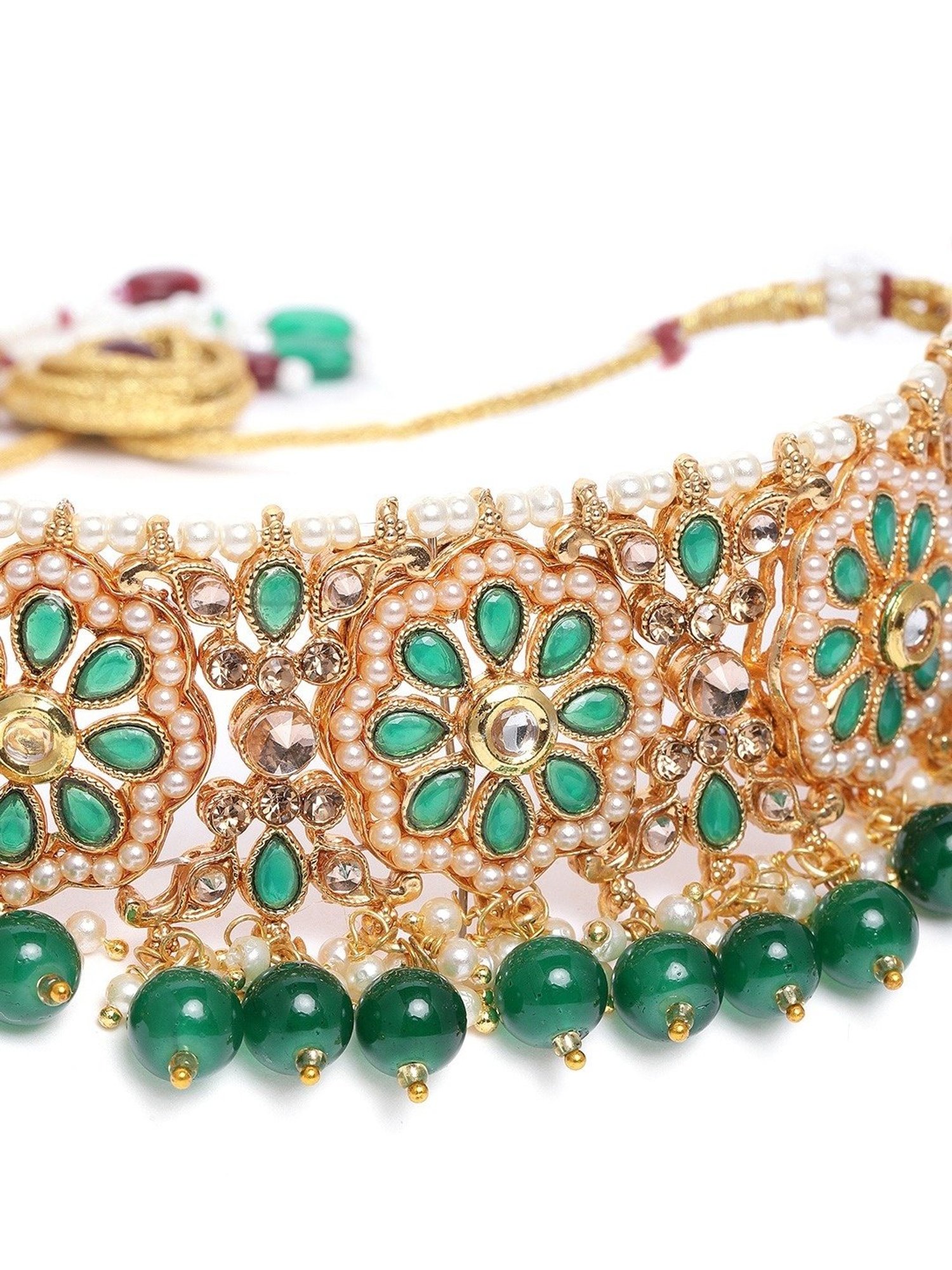 Zaveri Pearls Green Stones & Beads Wedding Collection Necklace Earring & Maangtikka Set-ZPFK10166