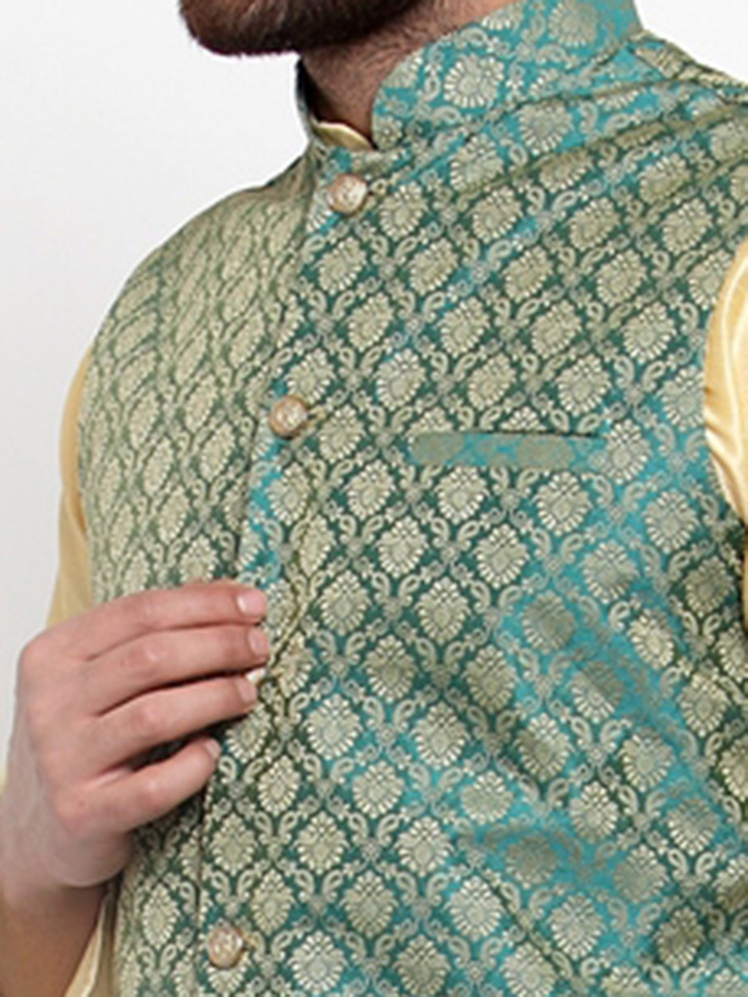 Jompers Green Regular Fit Self Design Nehru Jacket