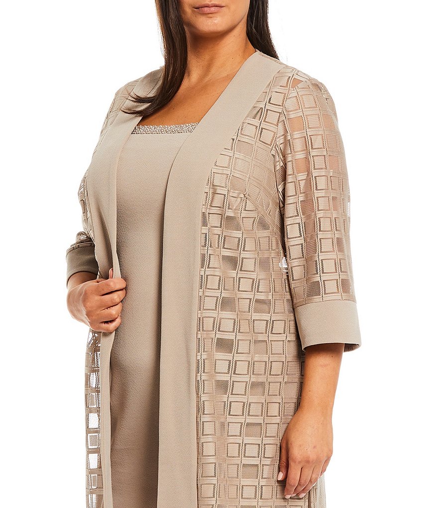 Le Bos Plus Size Square Neck 3/4 Sleeve Duster 2-Piece Jacket Dress