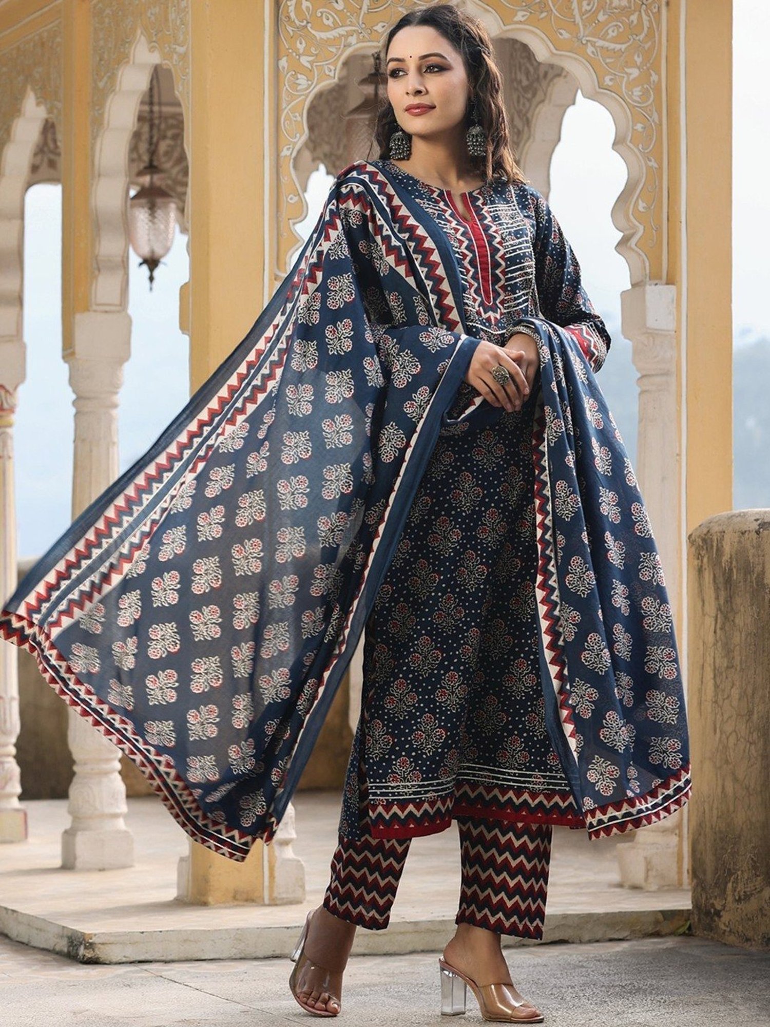 Rain and Rainbow Navy Cotton Printed Kurta Pant Set With Dupatta