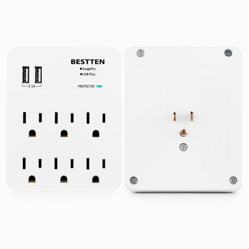 [2 Pack] BESTTEN 6-Outlet with 2 USB Charging Ports (2.4A/Port, 3.1A Totally), Wall Tap Mount Adapter Surge Protector, Muti-Plug Socket Extender, ETL Certified, White