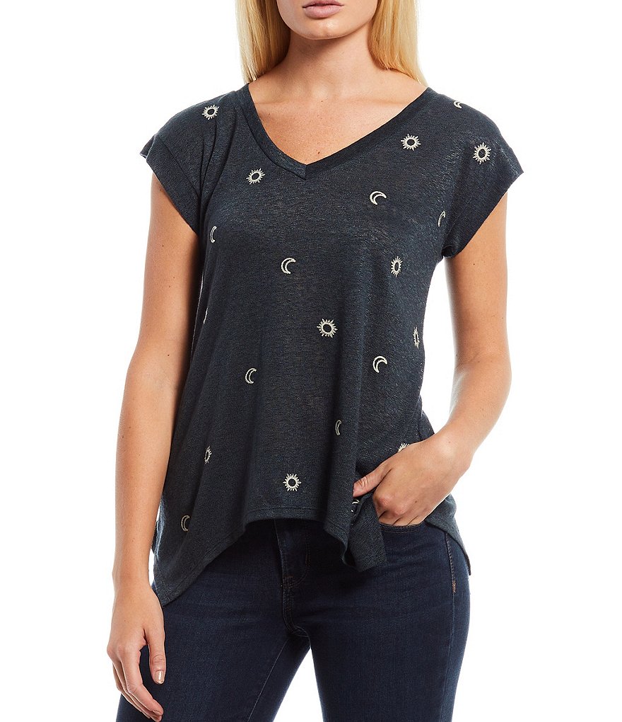 Bobeau Embroidered V-Neck Cap Sleeve Sharkbite Tee