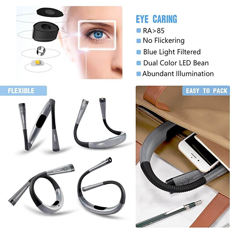 LED Neck Reading Light Book Light for Reading in Bed 3 Colors 6 Brightness Levels Bendable Arms Rechargeable Long Lasting Perfect for Reading Knitting Camping Repairing