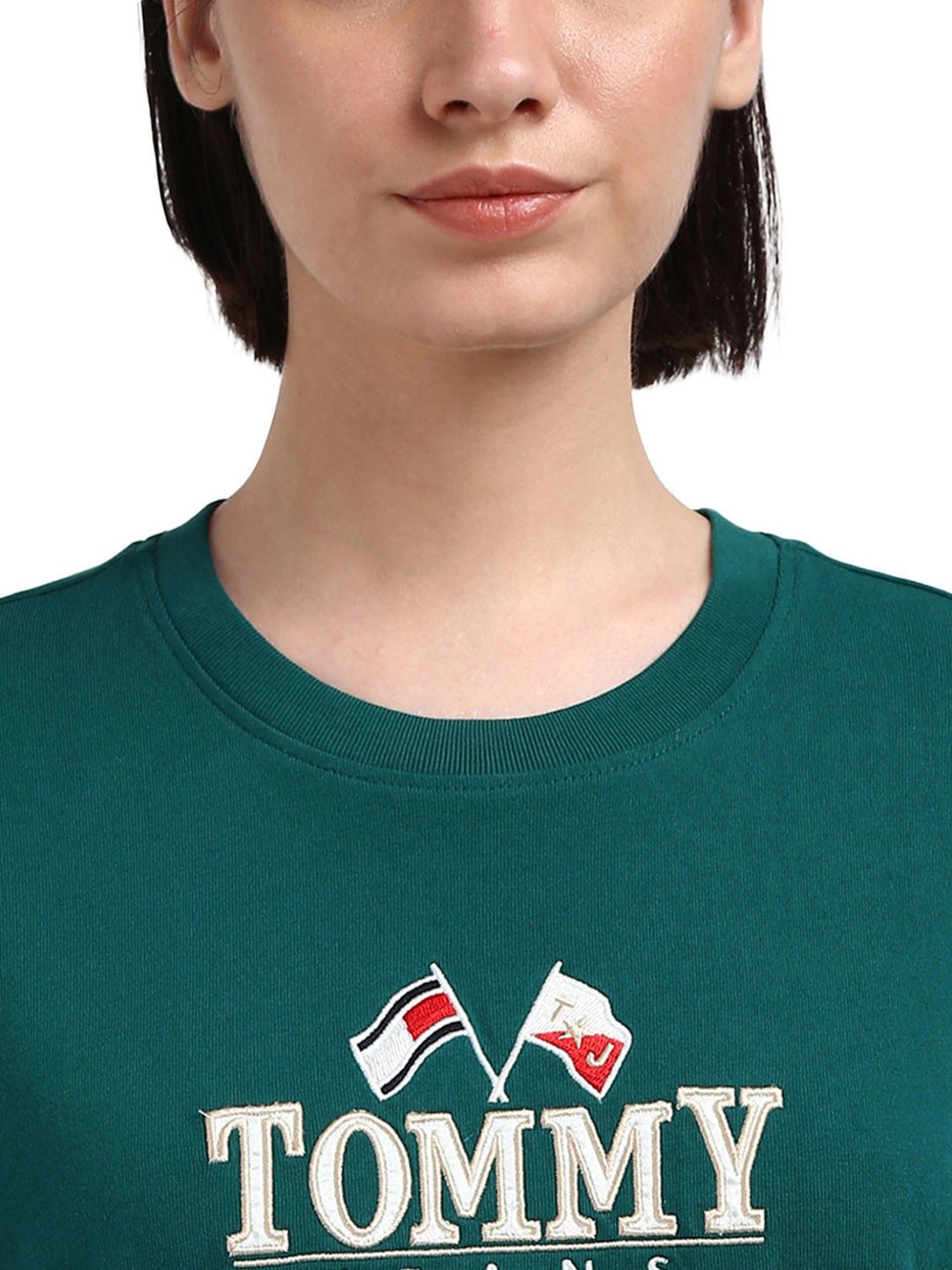 Tommy Hilfiger Green Pure Cotton Embroidered Women Regular Fit T-Shirt