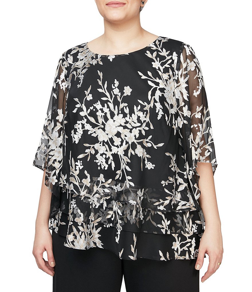 Jessica Howard Plus Size Crew Neck 3/4 Sleeve Printed Trapeze Dress