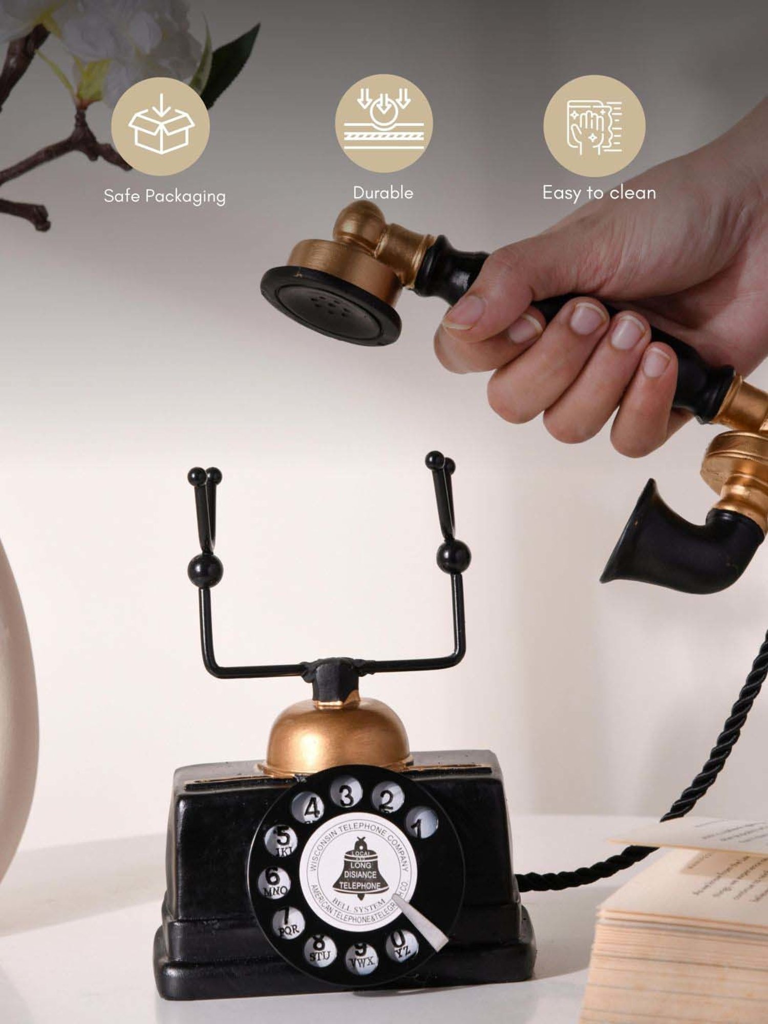 Nestasia Vintage Premium Quality Black & Golden Resin Made Telephone Decor Piece For Gifting