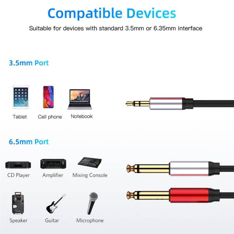 3.5mm 1/8 TRS To Dual 6.35mm 1/4 TS Mono Stereo Y Cable Splitter Cord Compatible For IPhone, IPod Computer Sound Cards (1pcs)