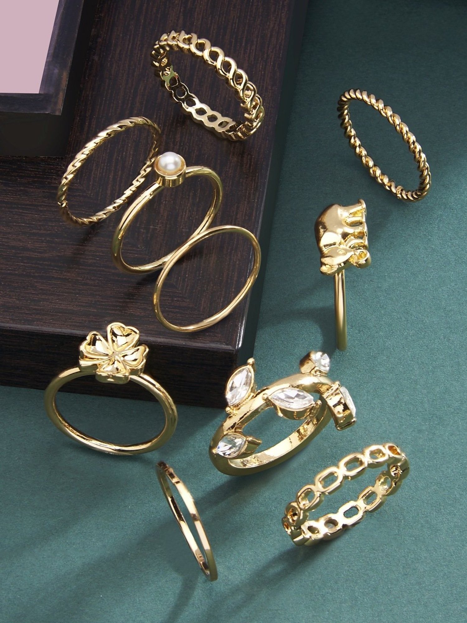 Zaveri Pearls Set of 10 Gold Tone Contemporary Classy Stackable Rings-ZPFK13683