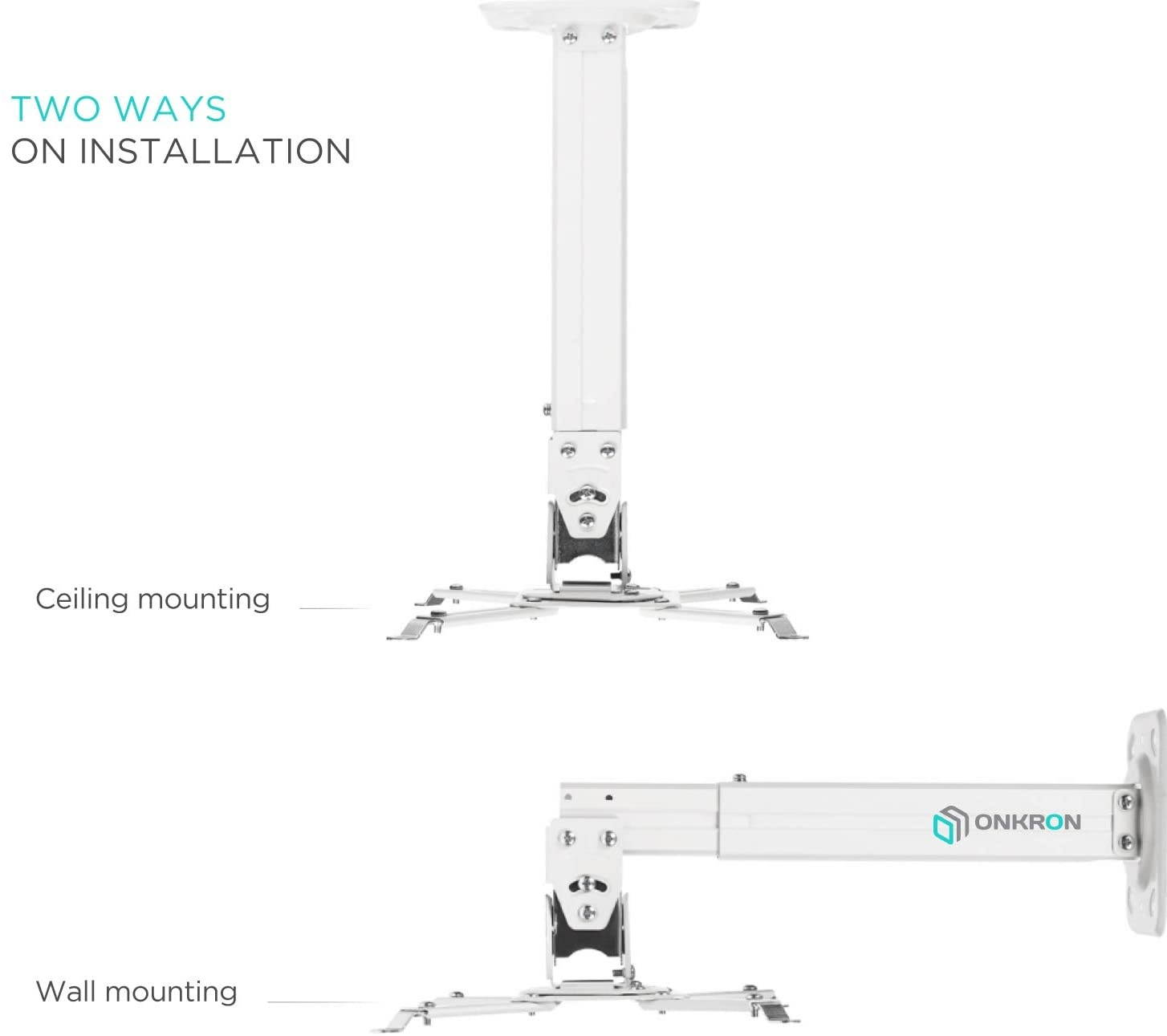 ONKRON Universal Ceiling Projector Mount Height Adjustable Mounting Bracket up to 22 LBS White K5A
