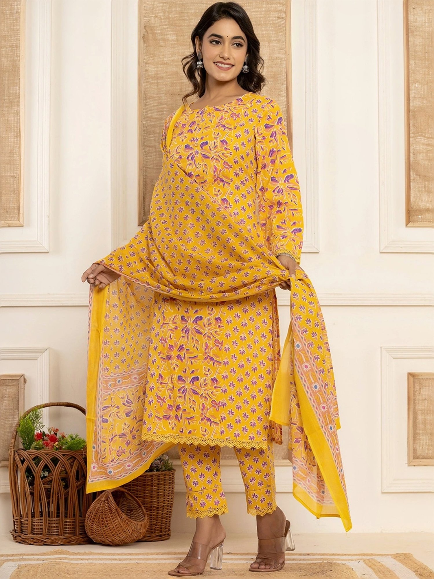 Yufta Yellow Cotton Printed Kurta Pant Set With Dupatta