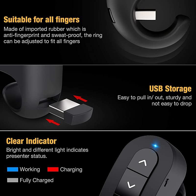 Presentation Clicker Powerpoint Clicker for Powerpoint Presentations  Wireless Presenter for Presentations Rechargeable Finger Ring Presentation Remote with RF 24GHz USB
