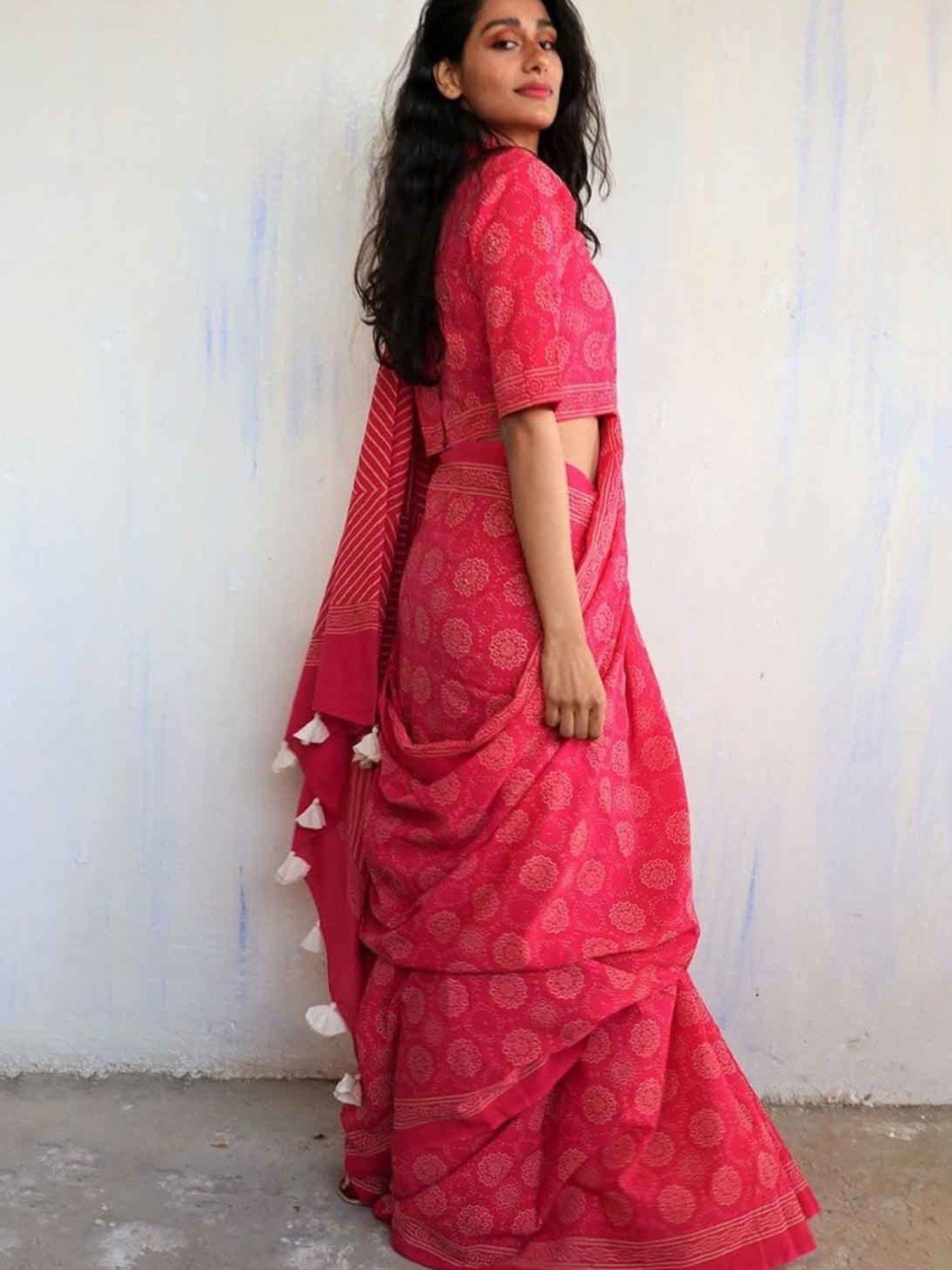 Chidiyaa Rani Pink Block Printed Cotton Mulmul Saree - Butterfly Girls