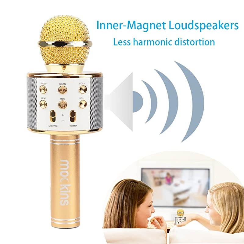 Wireless Bluetooth Karaoke Microphone with Built in Bluetooth Speaker Speaker Allinone Karaoke Machine | Compatible with Android iOS iPhone Gold Color