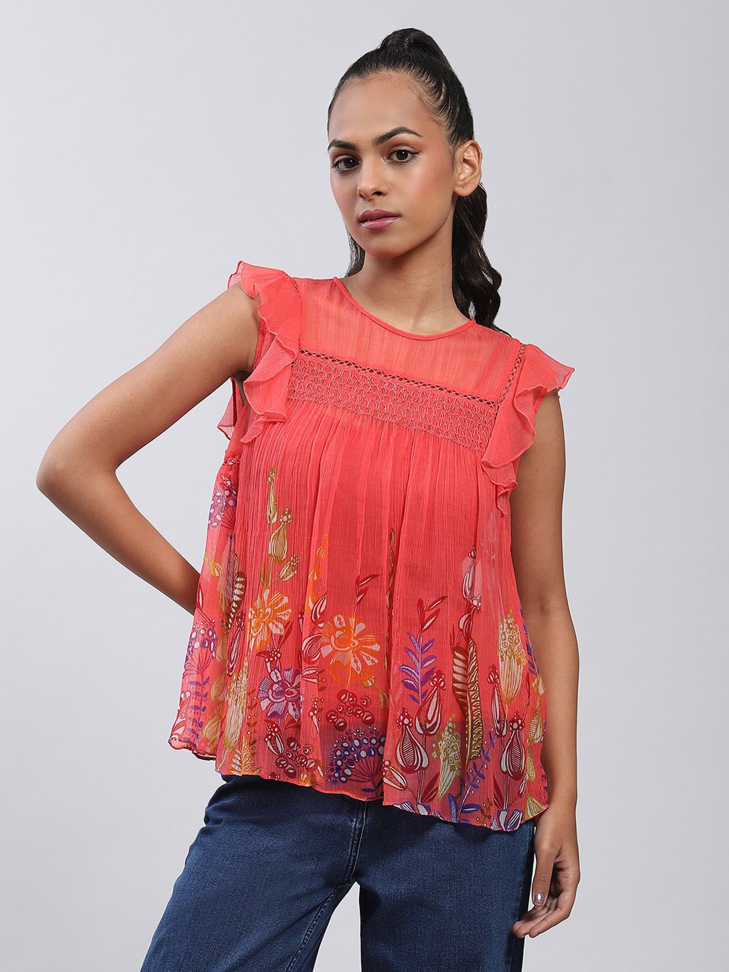 Label Ritu Kumar Coral Floral Print Top With Camisole