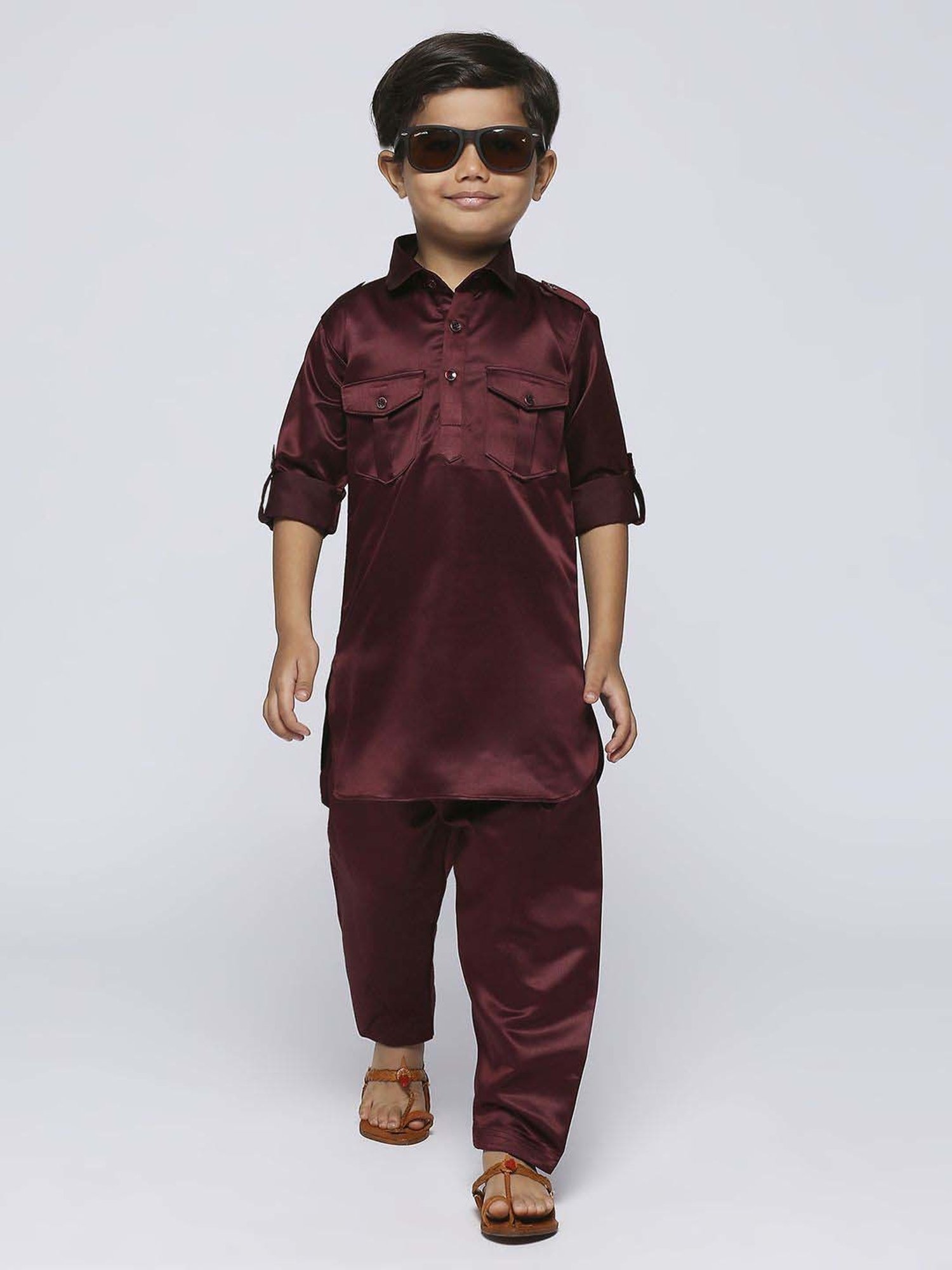 Kids Island Boys Maroon Solid Full Sleeves Kurta Set