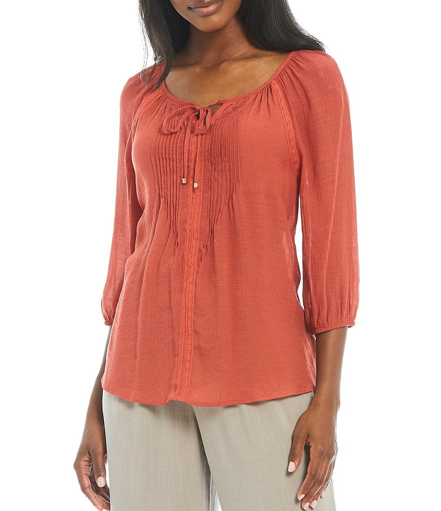 I.N. Studio Lace Trim Tie Scoop Neck Pintuck Detail 3/4 Sleeve Peasant Top