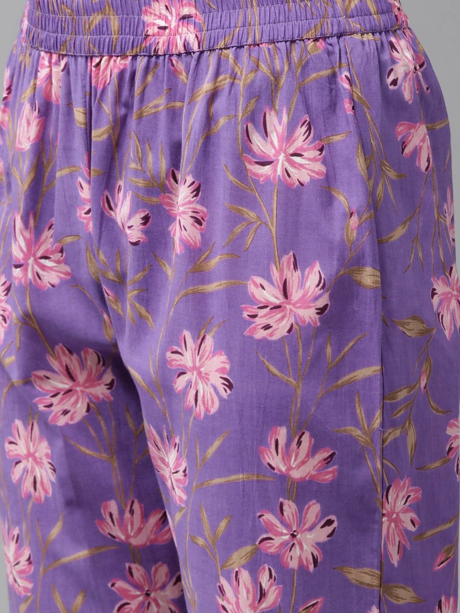 Yufta Purple Pure Cotton Floral Print Kurta Pant Set