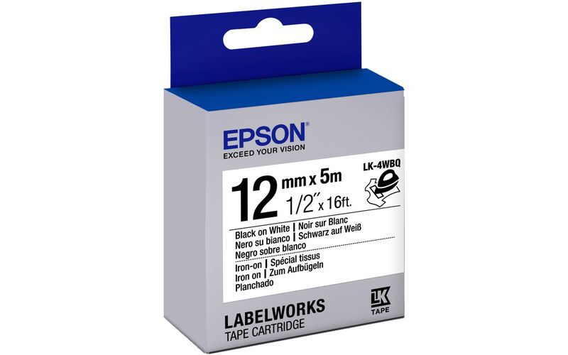 Epson LabelWorks Iron on (Fabric) LK Tape Cartridge ~1/2" Black on White - 1/2" Width x 16 ft Length - Thermal Transfer - White