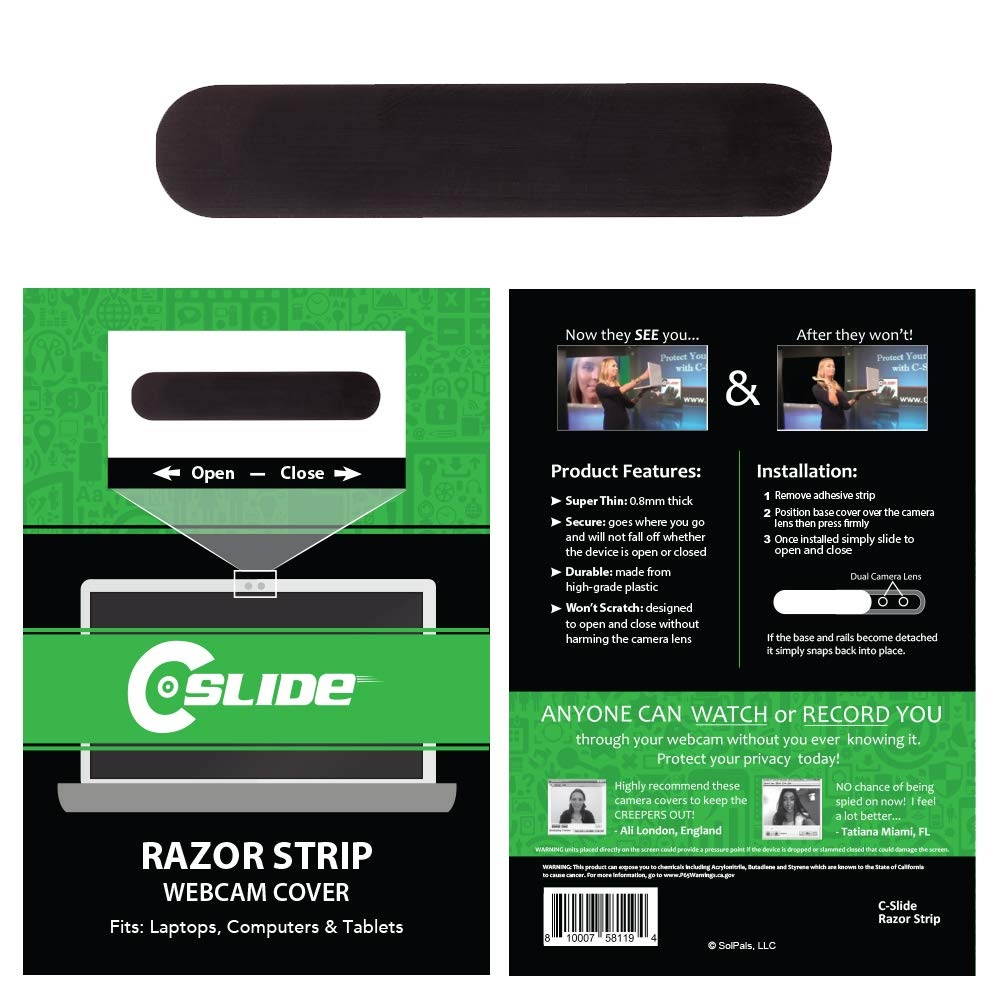 C-Slide Webcam Cover 3 Pack - Razor Strip Thin Laptop Dual Cam Blocker, Black, 1.7&rdquo; x 0.37&rdquo; and 0.8 mm Thick &ndash; Double Camera Slide Blocker for Computer, Mac, Dell, Lenovo, Echo Show