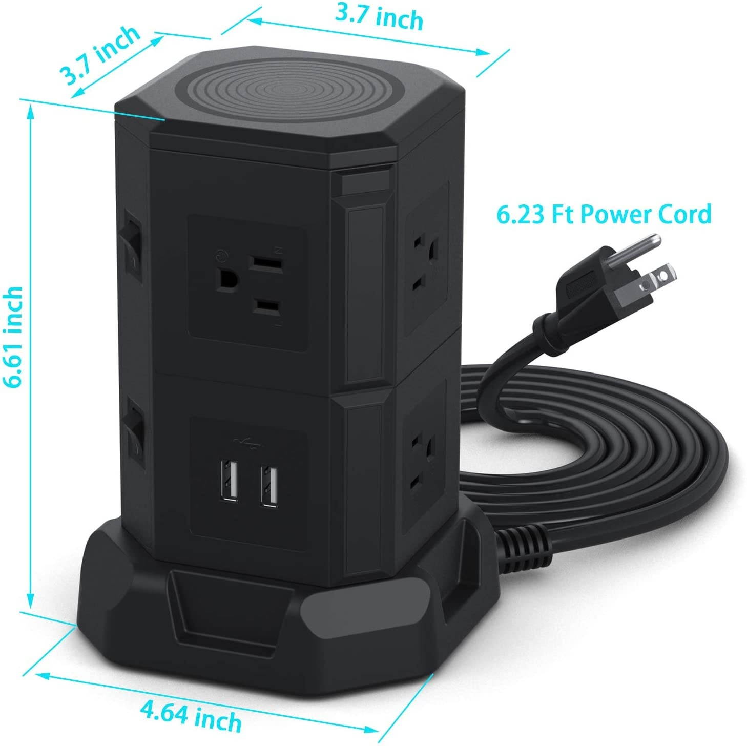 BTU Surge Protector Electric Charging Station,Power Strip Tower Wireless Charger+7 Outlet Plugs+2 USB Ports + 6.5ft Extension Cord Universal Socket PC Laptops Phone(Black)