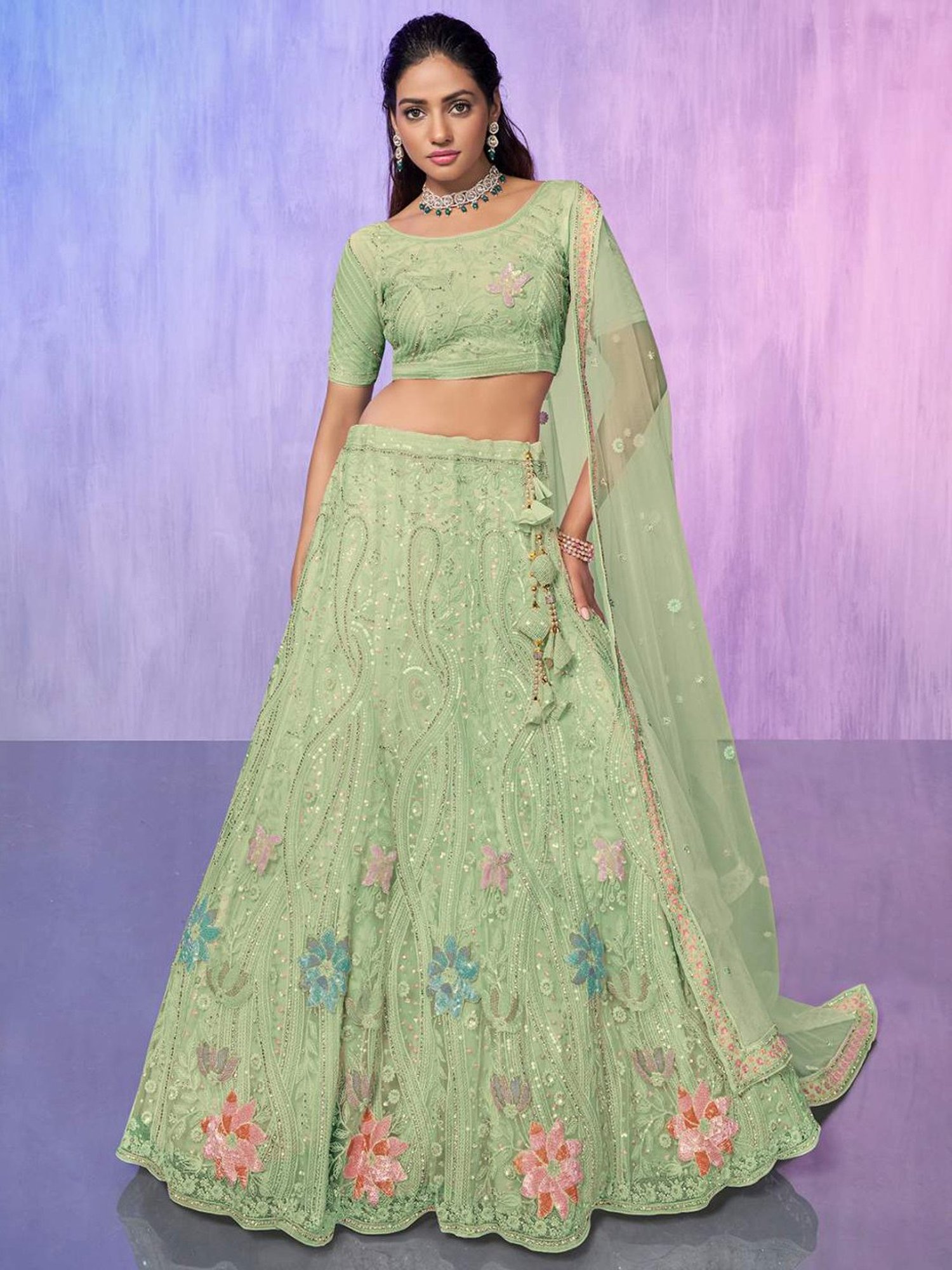 Odette Pista Green Embroidered Semi Stitched Lehenga Blouse Set With Dupatta