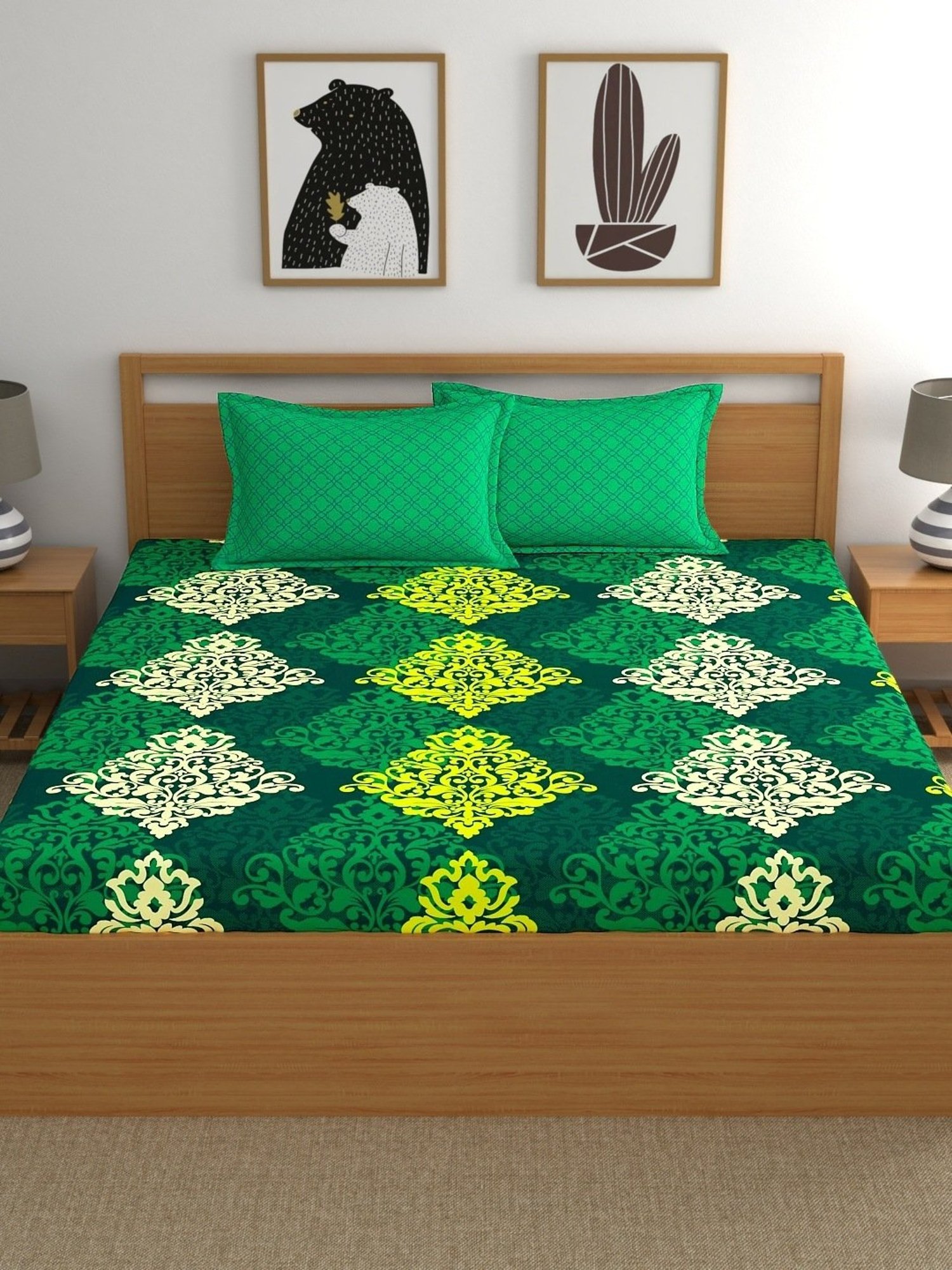 My Room Ethnic Green 140 TC Cotton Fitted King Bed Sheet with 2 Pillow Covers