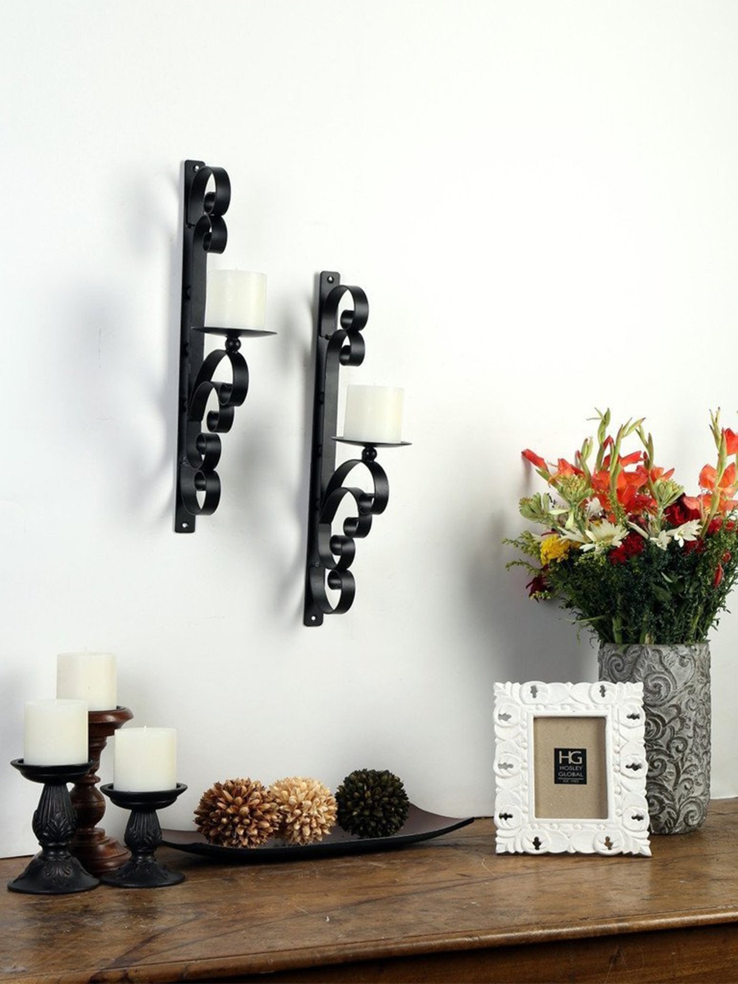 Hosley Black Matte Decorative Wall Sconce and Candle Holder with Free Candles Set of - 2