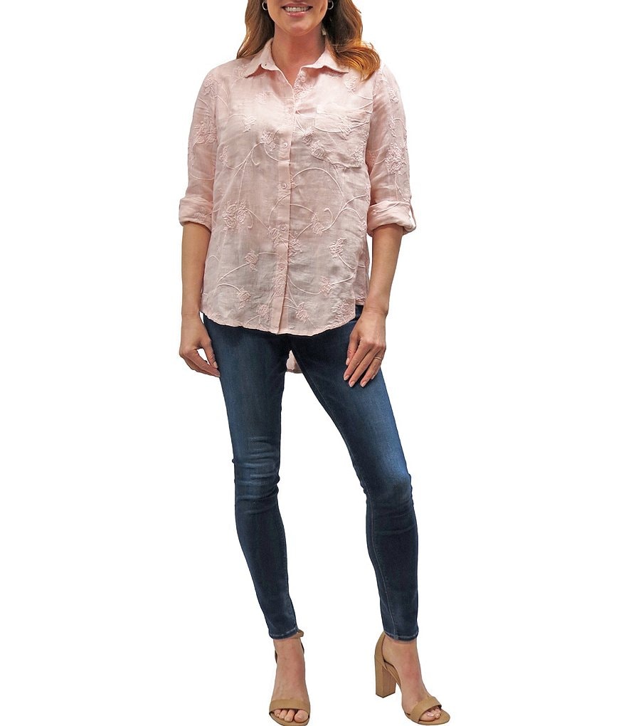 Karyn Seo Delilah All-Over Vintage Tonal Embroidered Roll-Tab Sleeve Button Down Linen Shirt