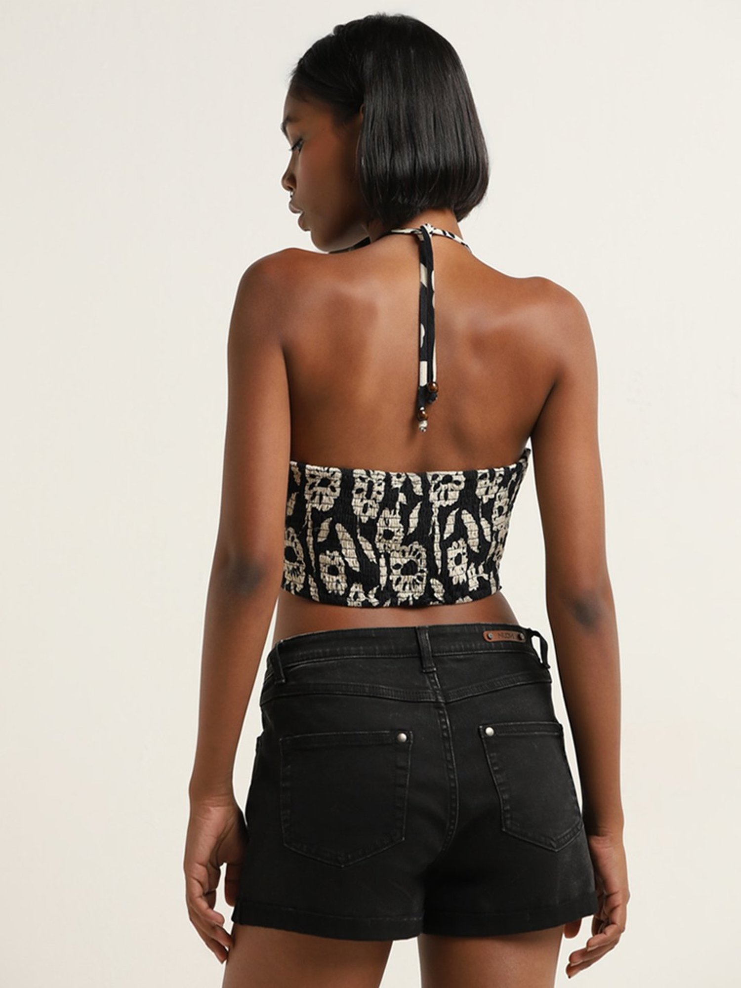 Nuon by Westside Black Floral Print Blended Linen Crop Top