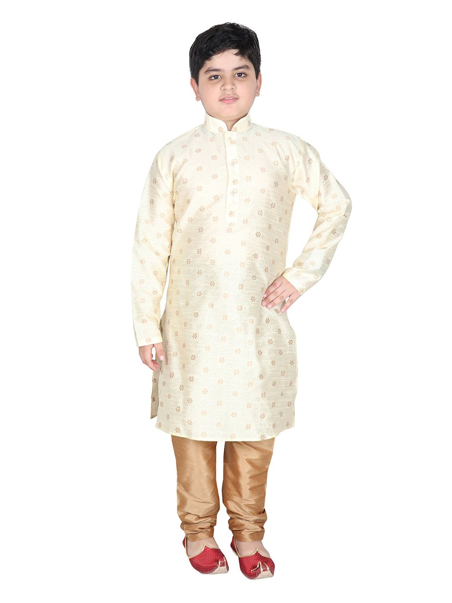 SG Yuvraj Kids Cream & Gold Embroidered Full Sleeves Kurta with Pyjamas